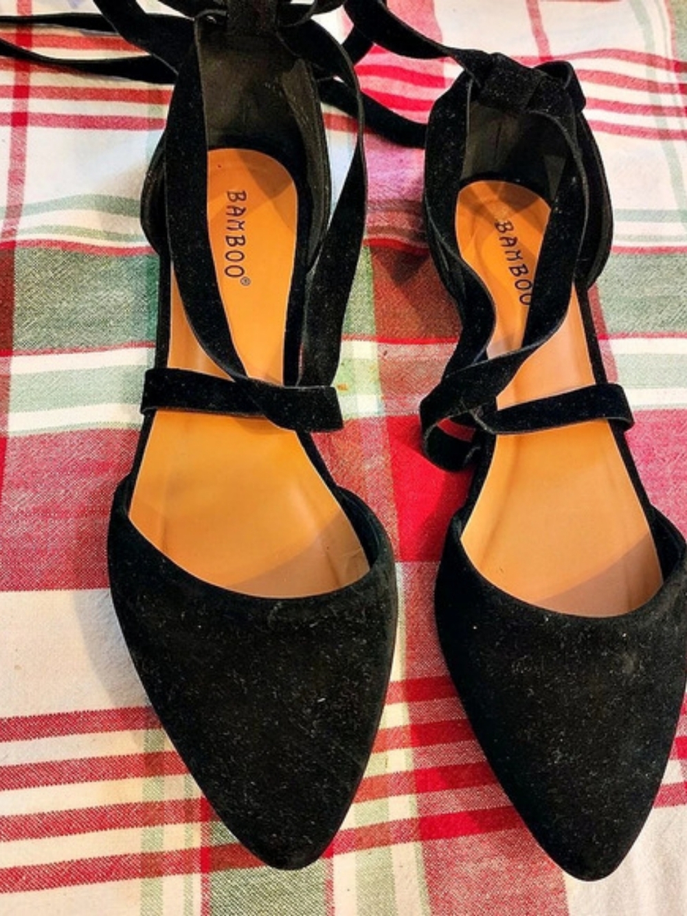 Bamboo Pointed Toe Ankle Strap Heels in Black EU 38